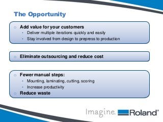 The Opportunity
o Add value for your customers
• Deliver multiple iterations quickly and easily
• Stay involved from design to prepress to production

o Eliminate outsourcing and reduce cost

o Fewer manual steps:
• Mounting, laminating, cutting, scoring
• Increase productivity

o Reduce waste

 
