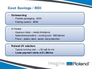 Cost Savings / ROI
o Outsourcing
• Flexible packaging - $100
• Folding cartons - $500

o In-house
• Aqueous inkjet – media limitations
• Specialized proofers – running cost - $60/tabloid
• Press – plates, labor, waste, lost production

o Roland UV solution:
• Typical running cost - < $1/sqft for ink
• Lease payment starts at $1,260/mo

 
