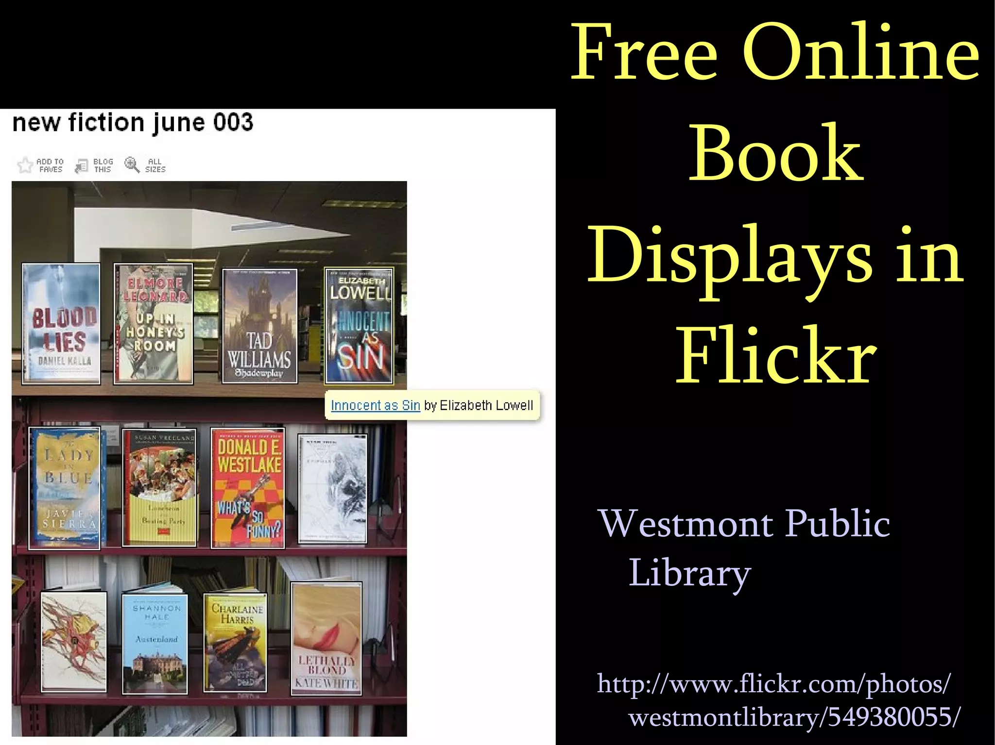 Free Online Book Displays in Flickr Westmont Public Library http://www.flickr.com/photos/westmontlibrary/549380055/ 