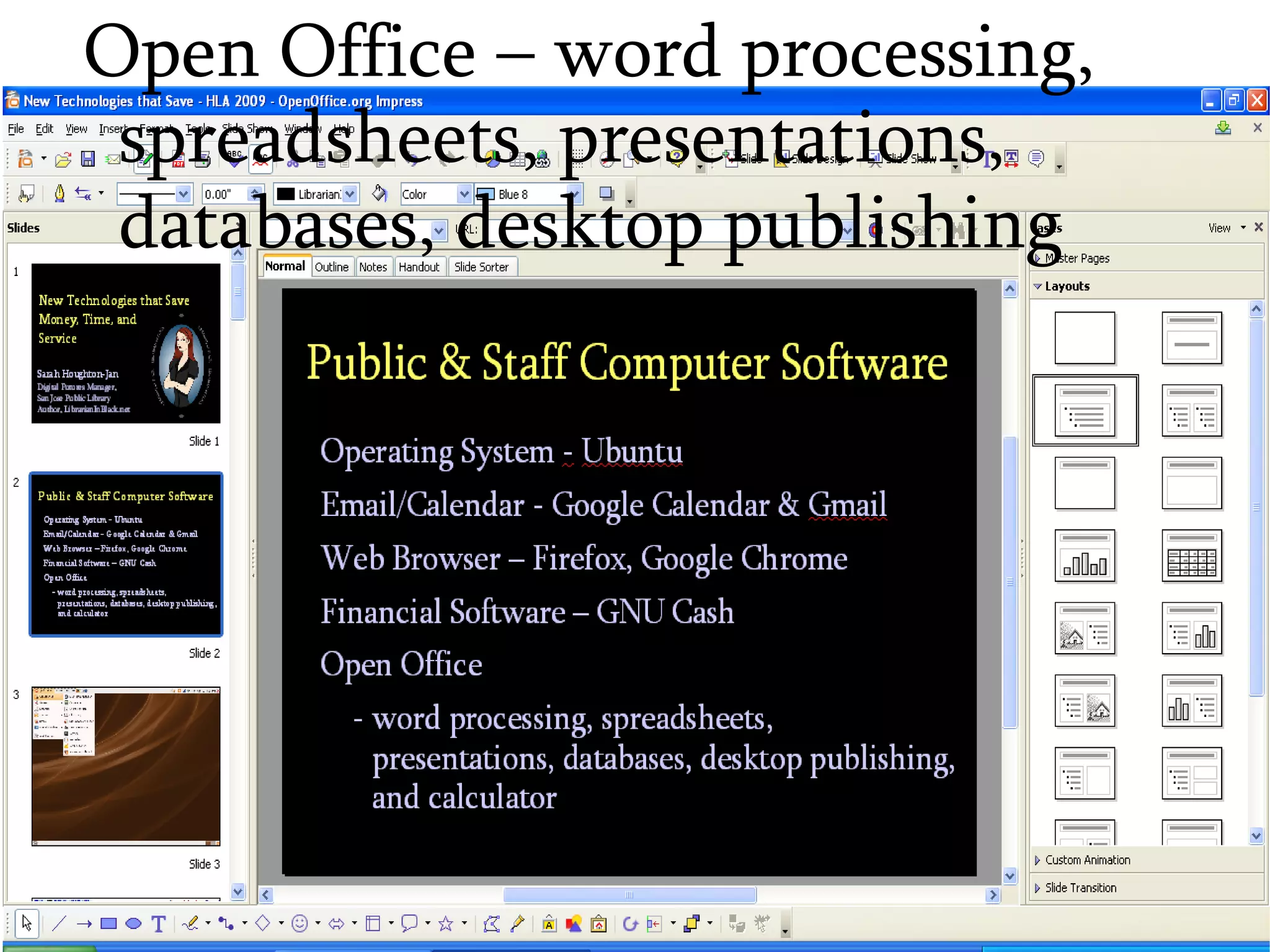 Open Office – word processing, spreadsheets, presentations, databases, desktop publishing 