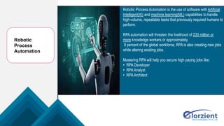Robotic
Process
Automation
Robotic Process Automation is the use of software with Artificial
Intelligent(AI) and machine learning(ML) capabilities to handle
high-volume, repeatable tasks that previously required humans to
perform.
RPA automation will threaten the livelihood of 230 million or
more knowledge workers or approximately
9 percent of the global workforce, RPA is also creating new jobs
while altering existing jobs.
Mastering RPA will help you secure high paying jobs like:
• RPA Developer
• RPAAnalyst
• RPAArchitect
 