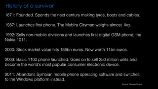 1871: Founded. Spends the next century making tyres, boots and cables.
1987: Launches ﬁrst phone. The Mobira Cityman weighs almost 1kg.
1992: Sells non-mobile divisions and launches ﬁrst digital GSM phone, the
Nokia 1011.
2000: Stock market value hits 186bn euros. Now worth 11bn euros.
2003: Basic 1100 phone launched. Goes on to sell 250 million units and
become the world's most popular consumer electronic device.
2011: Abandons Symbian mobile phone operating software and switches
to the Windows platform instead.
Source: Reuters/Nokia
History of a survivor
 
