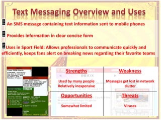 Text Messaging Overview and Uses<br />An SMS message containing text information sent to mobile phones<br /> Provides info...