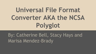 Universal File Format
Converter AKA the NCSA
Polyglot
By: Catherine Bell, Stacy Hays and
Marisa Mendez-Brady
 