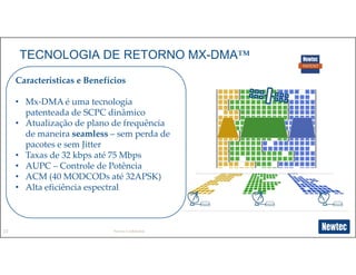 13
TECNOLOGIA DE RETORNO MX-DMA™
Características e Benefícios
• Mx-DMA é uma tecnologia
patenteada de SCPC dinâmico
• Atualização de plano de frequência
de maneira seamless – sem perda de
pacotes e sem Jitter
• Taxas de 32 kbps até 75 Mbps
• AUPC – Controle de Potência
• ACM (40 MODCODs até 32APSK)
• Alta eficiência espectral
Newtec Confidential
 