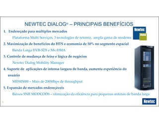 31
NEWTEC DIALOG® – PRINCIPAIS BENEFÍCIOS
1. Endereçado para múltiplos mercados
Plataforma Multi Serviços, 3 tecnologias de retorno, ampla gama de modems
2. Maximização de benefícios do HTS e economia de 50% no segmento espacial
Banda Larga DVB-S2X e Mx-DMA
3. Controle de mudança de feixe e lógica de negócios
Newtec Dialog Mobility Manager
4. Suporte de aplicações de intensa largura de banda, aumenta experiência do
usuário
MDM5000 – Mais de 200Mbps de throughput
5. Expansão de mercados endereçáveis
Baixos SNR MODCODS – otimização da eficiência para pequenas antenas de banda larga
 