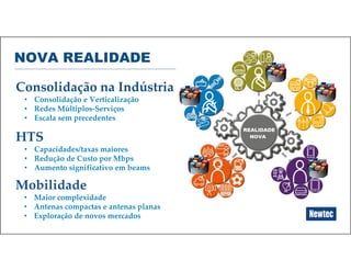 4
Consolidação na Indústria
• Consolidação e Verticalização
• Redes Múltiplos-Serviços
• Escala sem precedentes
NOVA REALIDADE
HTS
• Capacidades/taxas maiores
• Redução de Custo por Mbps
• Aumento significativo em beams
Mobilidade
• Maior complexidade
• Antenas compactas e antenas planas
• Exploração de novos mercados
 