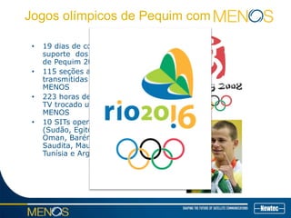 Jogos olímpicos de Pequim com
• 19 dias de cobertura e
suporte dos jogos olímpicos
de Pequim 2008
• 115 seções agendadas e
transmitidas utilizando o
MENOS
• 223 horas de conteúdo de
TV trocado utilizando a rede
MENOS
• 10 SITs operacionais
(Sudão, Egito, Kuwait,
Oman, Barém, Arábia
Saudita, Mauritânia, Líbano,
Tunísia e Argélia)
 