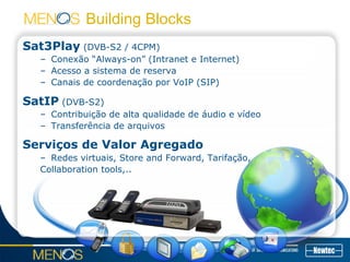 Building Blocks
Sat3Play (DVB-S2 / 4CPM)
– Conexão “Always-on” (Intranet e Internet)
– Acesso a sistema de reserva
– Canais de coordenação por VoIP (SIP)
SatIP (DVB-S2)
– Contribuição de alta qualidade de áudio e vídeo
– Transferência de arquivos
Serviços de Valor Agregado
– Redes virtuais, Store and Forward, Tarifação,
Collaboration tools,..
 