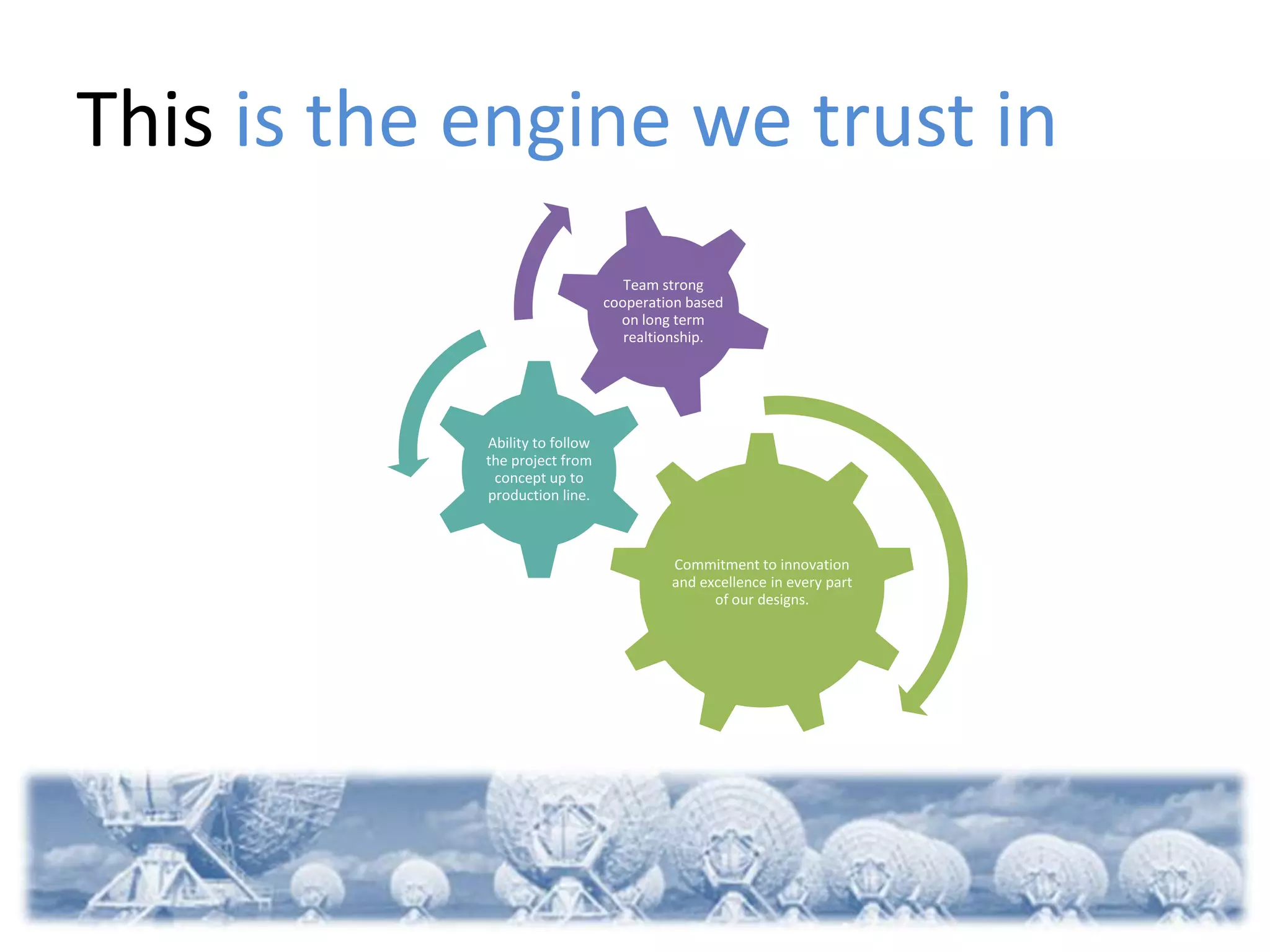 This is the engine we trust in
                                   Team strong
                                cooperation based
                                  on long term
                                   realtionship.




            Ability to follow
            the project from
             concept up to
            production line.



                                         Commitment to innovation
                                         and excellence in every part
                                               of our designs.
 