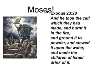 Moses!• Exodus 23:20
And he took the calf
which they had
made, and burnt it
in the fire,
and ground it to
powder, and stewed
it upon the water,
and made the
children of Israel
drink of it.
 