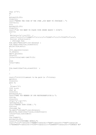 c++ project on restaurant billing | TXT