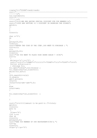c++ project on restaurant billing | TXT