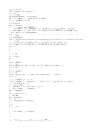 c++ project on restaurant billing | TXT