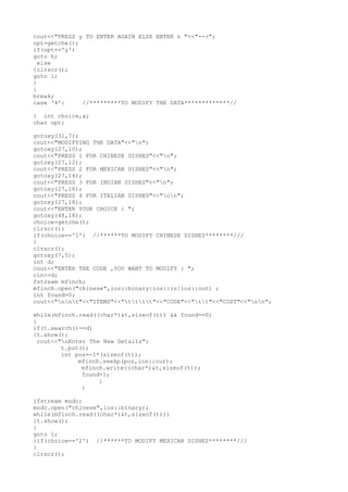 c++ project on restaurant billing | TXT