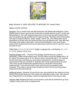 Book: Schwartz, D. (2003). MILLIONS TO MEASURE. NY. Harper Collins.

Genre: Juvenile nonfiction.

Synopsis: This is another book with Marvelosissimo the Mathematical Magician. Some
children want to have a race but don’t know how to decide where to race to, so they ask
Marvelosissimo. The math magician takes them on a fun journey back through time to
see how people long ago decided how to measure things. They learn about what people
first used to measure distance, height, weight, volume, etc. The children learn about
depending on the item they are measuring they may use different units. They also learn
how these units relate to each other, such as kilo and kilogram. If you want to see
where all the measurements that you’ve heard about came and how to use them, this is
the book for you!

TEKS: Math: 2.11 A, 2.11 B, 4.14 A. English, Language Arts, and Reading: 3.1., 3.11
A., 3.13 A. Science: 3.2 B, 3.2C.

Reading Strategy: KWL. (Teacher) This strategy could be done as a class or
individually. Create a three-column chart. The first column should be labeled with a “K”
for “Know” the second with a “W” for “Want to know” and the last with “L” for “Learned.”
So first write down everything you know about measurement. List all the types of
measurements that you can think of. Describe when those measurements are used.
Then come up with at least three questions that you would like to know about
measurements. Then once the book is read, see if any of your questions were
answered. Then make a new list under the learned column of five new things about
measurement that were learned.

Additional Activity: (Student) Go around the room and estimate to the nearest inch how
tall you think any ten items are. Then check your estimations with a ruler. Then convert
your measurement to centimeters. Create an organized chart to store all your data.

Teacher Tidbit: Breaking this book up into sections could also be beneficial to go more
in depth in each of the units of measurement.
 