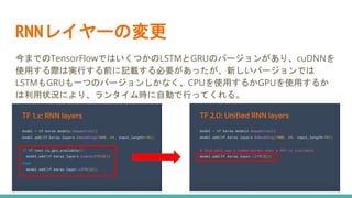 RNNレイヤーの変更
今までのTensorFlowではいくつかのLSTMとGRUのバージョンがあり、cuDNNを
使用する際は実行する前に記載する必要があったが、新しいバージョンでは
LSTMもGRUも一つのバージョンしかなく、CPUを使用するかGPUを使用するか
は利用状況により、ランタイム時に自動で行ってくれる。
 