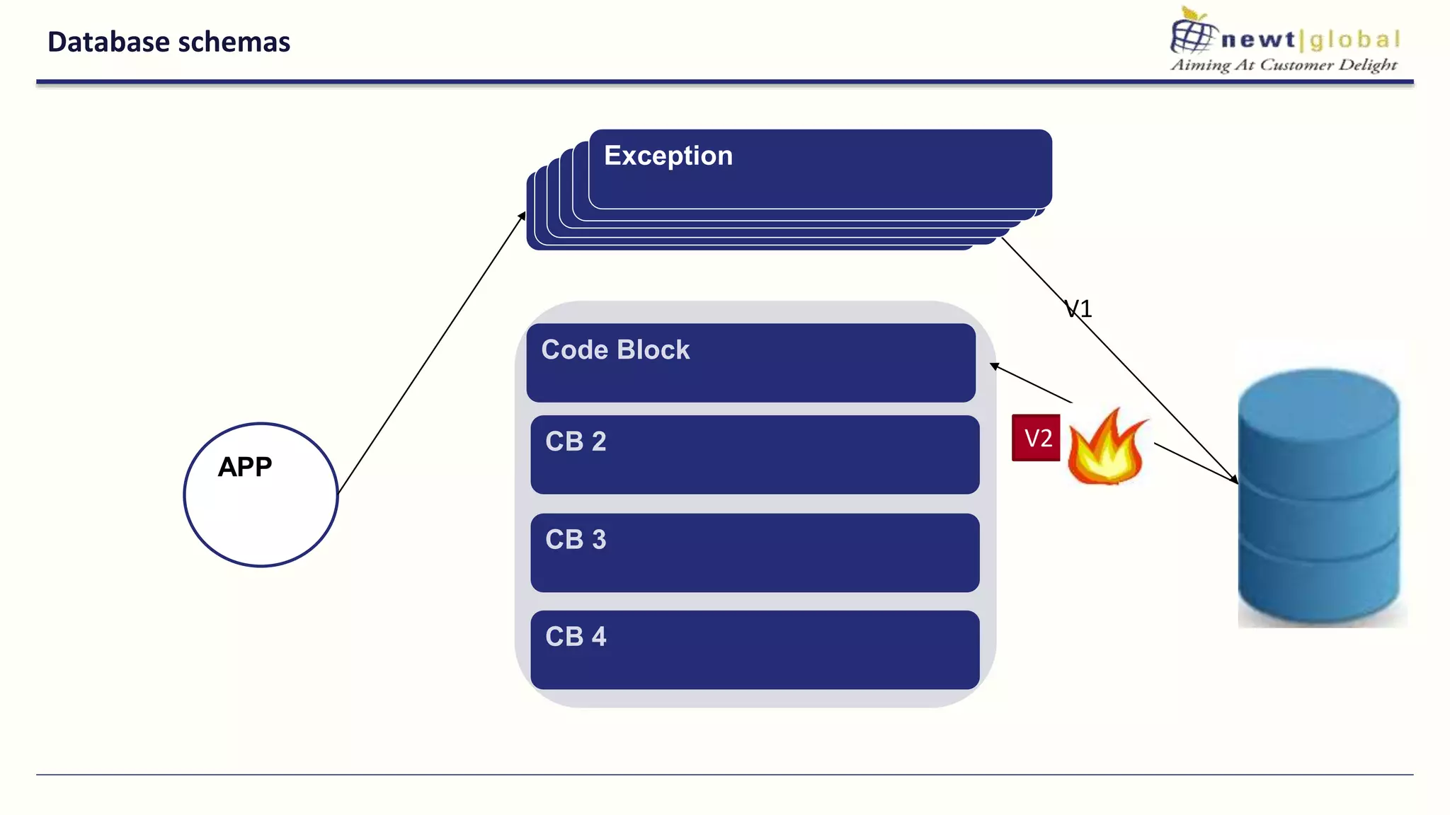 Database schemas
Exception
CB 4
APP
Exception
Code Block
CB 2
CB 3
ExceptionExceptionExceptionExceptionException
V1
V2
 