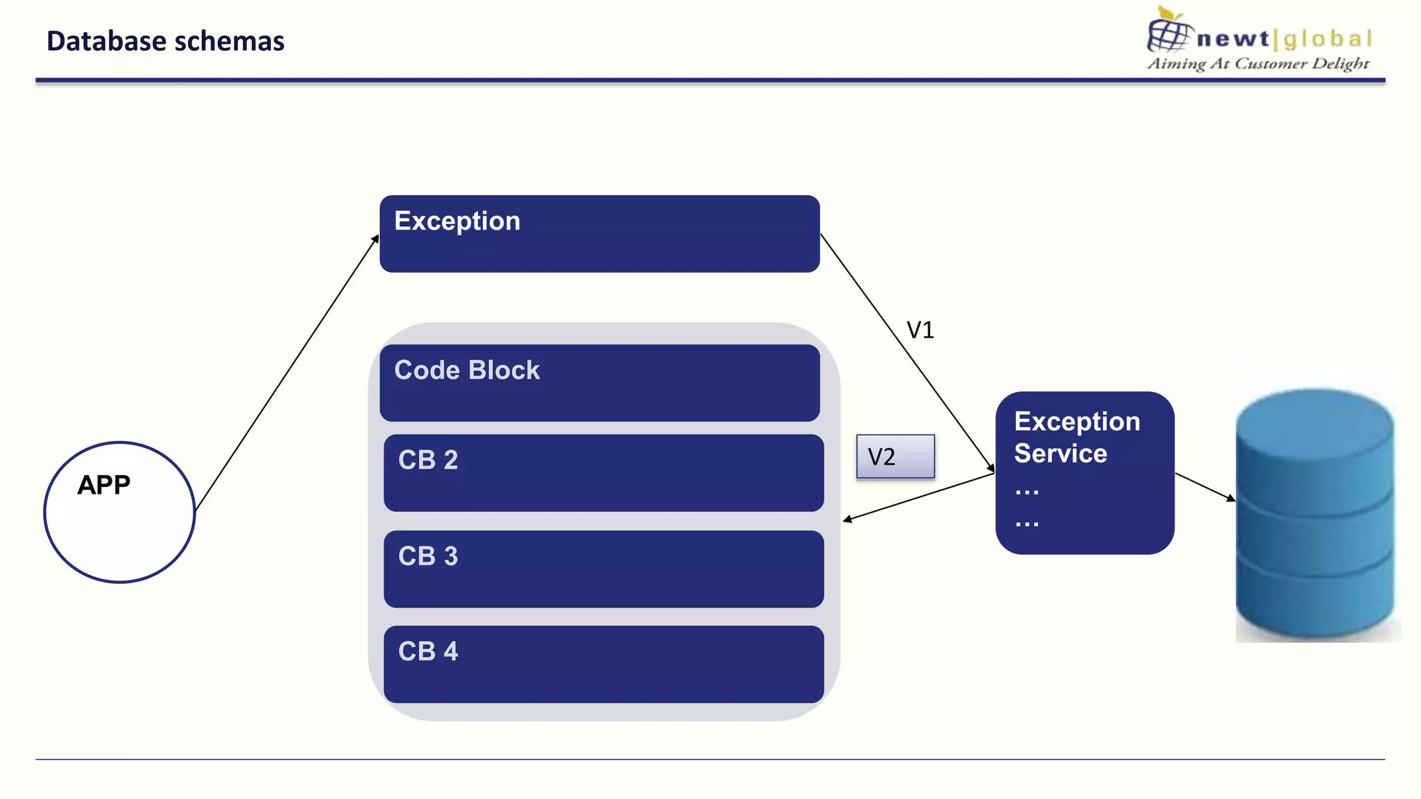 Database schemas
CB 4
APP
Exception
Code Block
CB 2
CB 3
V1
V2
Exception
Service
…
…
 