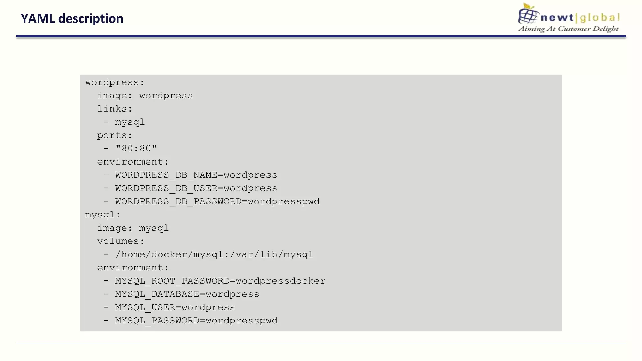YAML description
wordpress:
image: wordpress
links:
- mysql
ports:
- "80:80"
environment:
- WORDPRESS_DB_NAME=wordpress
- WORDPRESS_DB_USER=wordpress
- WORDPRESS_DB_PASSWORD=wordpresspwd
mysql:
image: mysql
volumes:
- /home/docker/mysql:/var/lib/mysql
environment:
- MYSQL_ROOT_PASSWORD=wordpressdocker
- MYSQL_DATABASE=wordpress
- MYSQL_USER=wordpress
- MYSQL_PASSWORD=wordpresspwd
 