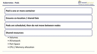 Kubernetes - Pods
Pod is one or more container
Ensures co-location / shared fate
Pods are scheduled, then do not move between nodes
Shared resources:
• Volumes
• IP/network
• Port Space
• CPU / Memory allocation
 