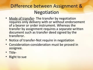 Difference between Assignment &
Negotiation
• Mode of transfer- The transfer by negotiation
requires only delivery with or without endorsement
of a bearer or order instrument. Whereas the
transfer by assignment requires a separate written
document such as transfer deed signed by the
transferor.
• Notice of transfer-Not require in negotiation
• Consideration-consideration must be proved in
assignee.
• Title-
• Right to sue
 