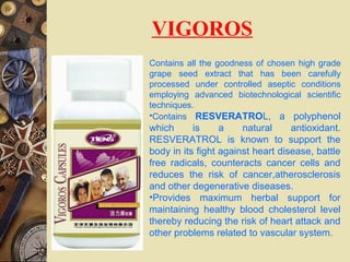 Contains all the goodness of chosen high grade
grape seed extract that has been carefully
processed under controlled aseptic conditions
employing advanced biotechnological scientific
techniques.
•Contains RESVERATROL, a polyphenol
which is a natural antioxidant.
RESVERATROL is known to support the
body in its fight against heart disease, battle
free radicals, counteracts cancer cells and
reduces the risk of cancer,atherosclerosis
and other degenerative diseases.
•Provides maximum herbal support for
maintaining healthy blood cholesterol level
thereby reducing the risk of heart attack and
other problems related to vascular system.
VIGOROS
 