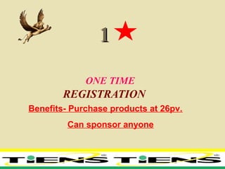 11
ONE TIME
REGISTRATION
Benefits- Purchase products at 26pv.
Can sponsor anyone
 