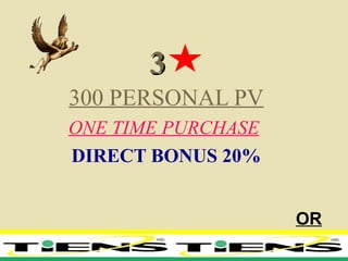 33
300 PERSONAL PV
ONE TIME PURCHASE
DIRECT BONUS 20%
OR
 