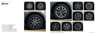 01 02
03
04
05 06
07
08
04
10
11
01 17-дюймові сталеві диски з повнорозмірними ковпаками S
02 17-дюймові легкосплавні диски Montana C SO
03 17-дюймові легкосплавні диски Tulsa SO
04 18-дюймові легкосплавні диски Kingston H SO
05 18-дюймові легкосплавні диски Nizza SO
06 19-дюймові легкосплавні диски Victoria Falls SO
7 19-дюймові легкосплавні диски Auckland, дизайн Volkswagen R
8 19-дюймові легкосплавні диски Sebring, дизайн Volkswagen R
SO
SO
9 20-дюймові легкосплавні диски Kapstadt, дизайн Volkswagen R
10 20-дюймові легкосплавні диски Kapstadt, дизайн Volkswagen R
SO
SO
11 20-дюймові легкосплавні диски Suzuka, дизайн Volkswagen R SO
Диски
Новий Tiguan – Диски 19Серійне обладнання Comfortline Highline Опційне обладнання SOS C H
 