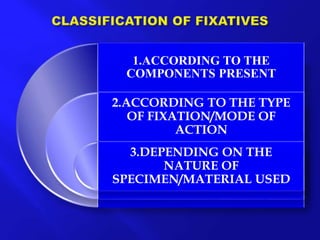 1.ACCORDING TO THE
COMPONENTS PRESENT
2.ACCORDING TO THE TYPE
OF FIXATION/MODE OF
ACTION
3.DEPENDING ON THE
NATURE OF
SPECIMEN/MATERIAL USED
 