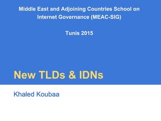 Middle East and Adjoining Countries School on
Internet Governance (MEAC-SIG)
Tunis 2015
New TLDs & IDNs
Khaled Koubaa
 