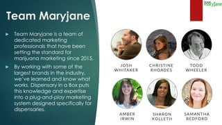 Team Maryjane
▶ Team Maryjane is a team of
dedicated marketing
professionals that have been
setting the standard for
marijuana marketing since 2015.
▶ By working with some of the
largest brands in the industry,
we’ve learned and know what
works. Dispensary in a Box puts
this knowledge and expertise
into a plug-and-play marketing
system designed specifically for
dispensaries.
 