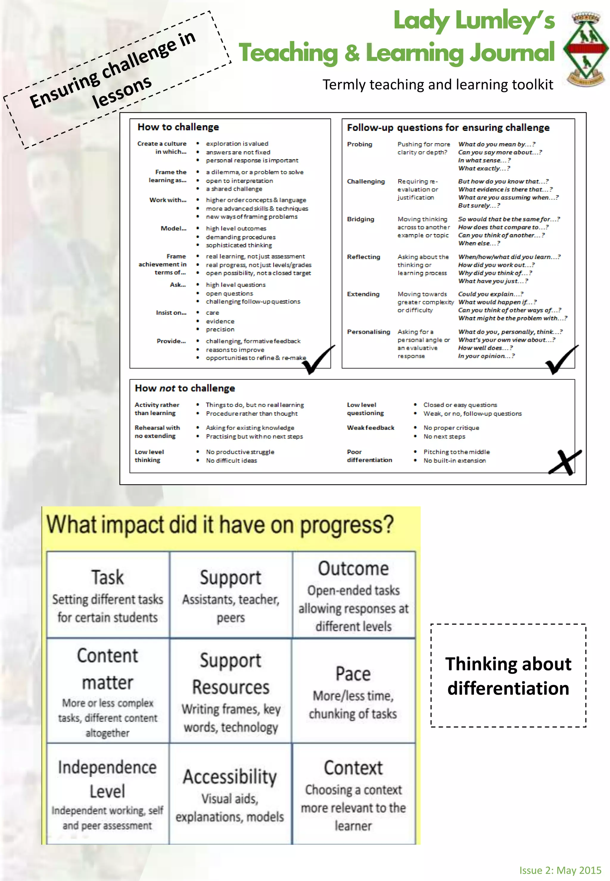 Lady Lumley’s
Teaching &Learning Journal
Termly teaching and learning toolkit
Issue 2: May 2015
Thinking about
differentiation
 