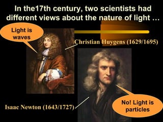 In the17th century, two scientists had
different views about the nature of light …
Christian Huygens (1629/1695)
Isaac Newton (1643/1727)
No! Light is
particles
Light is
waves
 