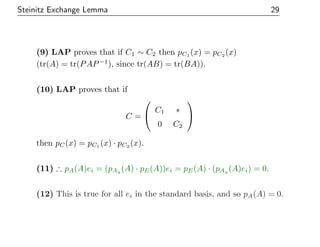 Steinitz Exchange Lemma 29
(9) LAP proves that if C1 ∼ C2 then pC1 (x) = pC2 (x)
(tr(A) = tr(PAP−1
), since tr(AB) = tr(BA...