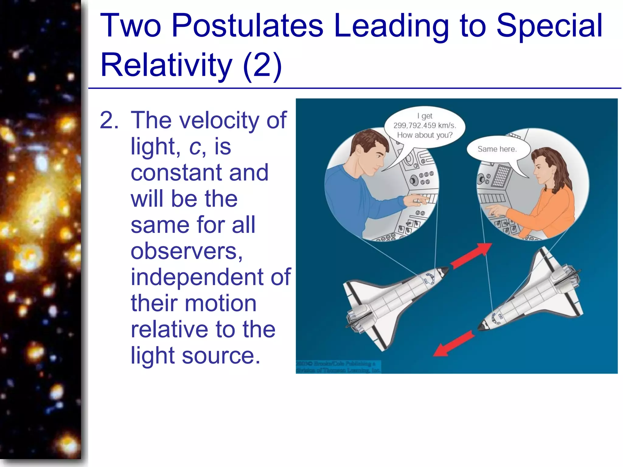 Two Postulates Leading to Special
Relativity (2)
2. The velocity of
light, c, is
constant and
will be the
same for all
observers,
independent of
their motion
relative to the
light source.
 