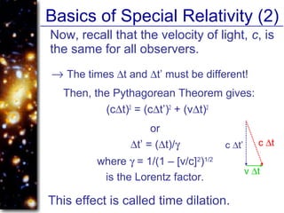 Basics of Special Relativity (2)
Now, recall that the velocity of light, c, is
the same for all observers.
→ The times ∆t and ∆t’ must be different!
Then, the Pythagorean Theorem gives:
(c∆t)2
= (c∆t’)2
+ (v∆t)2
or
∆t’ = (∆t)/γ
where γ = 1/(1 – [v/c]2
)1/2
is the Lorentz factor.
This effect is called time dilation.
v ∆t
c ∆tc ∆t’
 