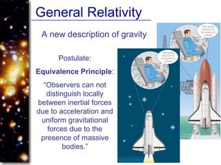 General Relativity
A new description of gravity
Postulate:
Equivalence Principle:
“Observers can not
distinguish locally
between inertial forces
due to acceleration and
uniform gravitational
forces due to the
presence of massive
bodies.”
 