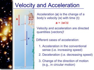 Velocity and Acceleration
Acceleration (a) is the change of a
body’s velocity (v) with time (t):
1. Acceleration in the conventional
sense (i.e. increasing speed)
a = ∆v/∆t
Different cases of acceleration:
Velocity and acceleration are directed
quantities (vectors)!
3. Change of the direction of motion
(e.g., in circular motion)
2. Deceleration (i.e. decreasing speed)
a
v
 