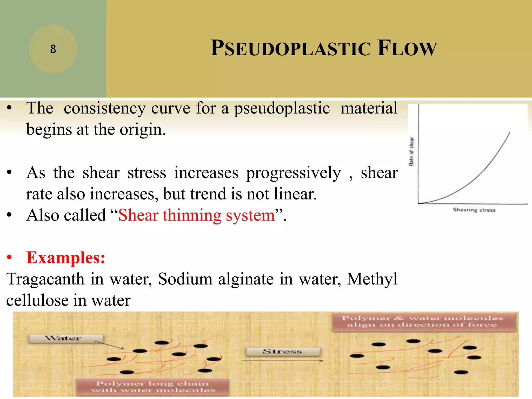 PSEUDOPLASTIC FLOW
07-07-2021
8
• The consistency curve for a pseudoplastic material
begins at the origin.
• As the shear stress increases progressively , shear
rate also increases, but trend is not linear.
• Also called “Shear thinning system”.
• Examples:
Tragacanth in water, Sodium alginate in water, Methyl
cellulose in water
 