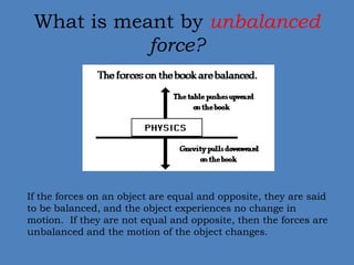 What is meant by unbalanced 
force? 
If the forces on an object are equal and opposite, they are said 
to be balanced, and the object experiences no change in 
motion. If they are not equal and opposite, then the forces are 
unbalanced and the motion of the object changes. 
 