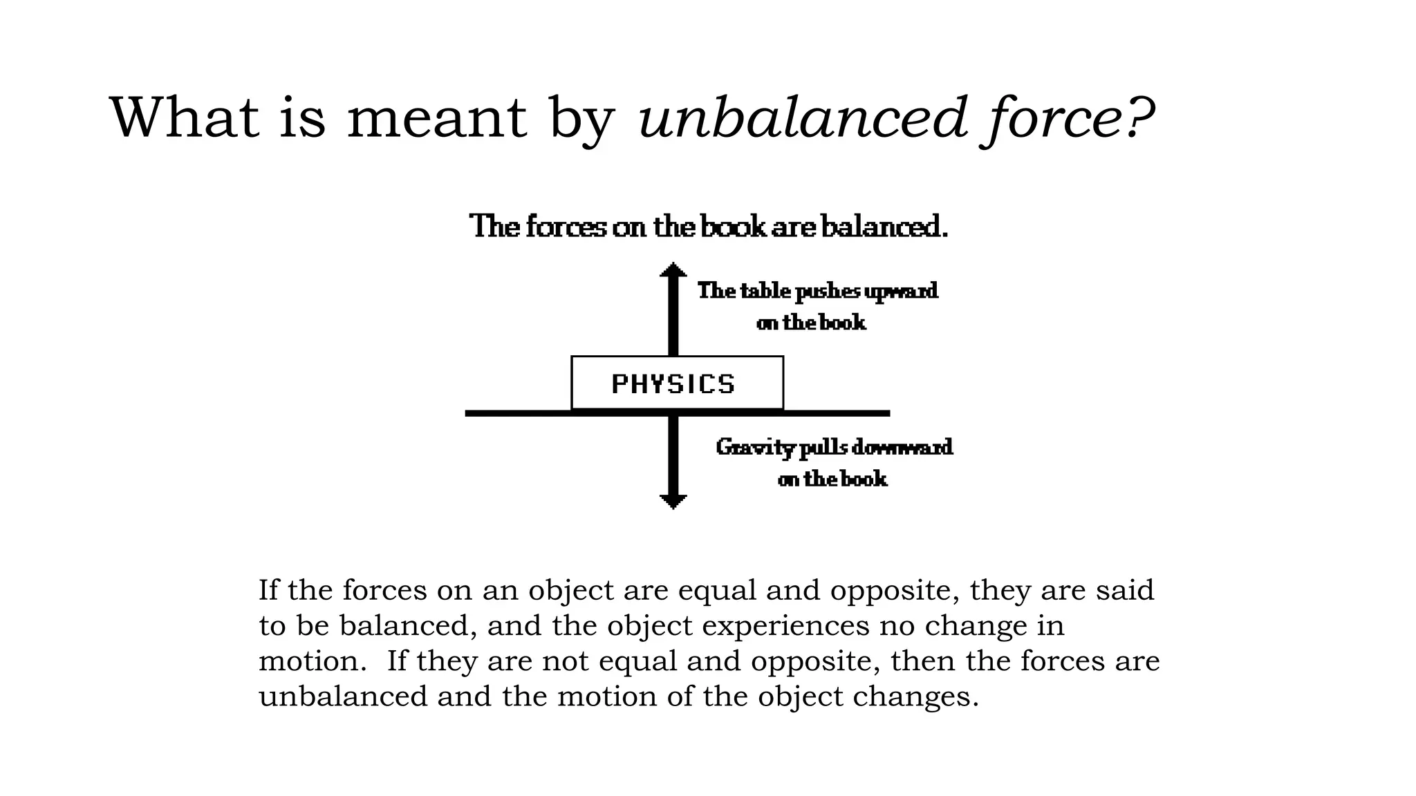 What is meant by unbalanced force?
If the forces on an object are equal and opposite, they are said
to be balanced, and the object experiences no change in
motion. If they are not equal and opposite, then the forces are
unbalanced and the motion of the object changes.
 