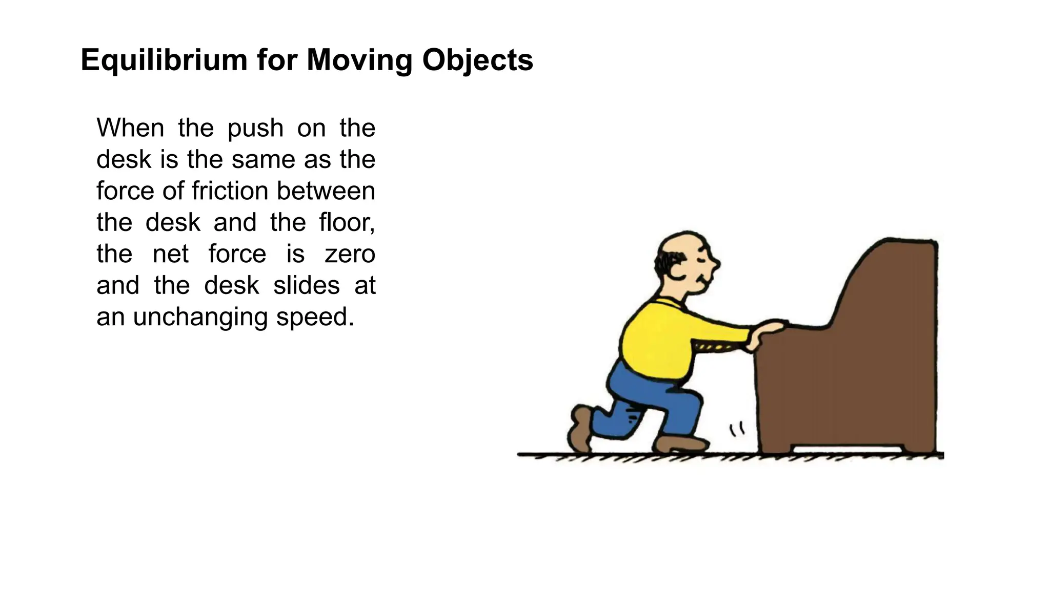 When the push on the
desk is the same as the
force of friction between
the desk and the floor,
the net force is zero
and the desk slides at
an unchanging speed.
Equilibrium for Moving Objects
 