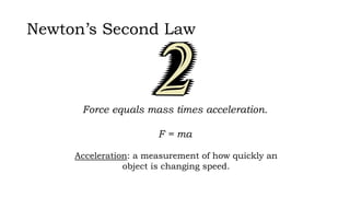 Newton’s Second Law
Force equals mass times acceleration.
F = ma
Acceleration: a measurement of how quickly an
object is changing speed.
 
