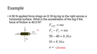Example
• A 50 N applied force drags an 8.16 kg log to the right across a
horizontal surface. What is the acceleration of the log if the
force of friction is 40.0 N?
 