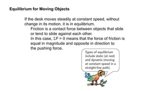 If the desk moves steadily at constant speed, without
change in its motion, it is in equilibrium.
Friction is a contact force between objects that slide
or tend to slide against each other.
In this case, F = 0 means that the force of friction is
equal in magnitude and opposite in direction to
the pushing force.
Equilibrium for Moving Objects
 