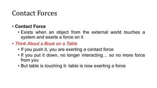 Contact Forces
• Contact Force
• Exists when an object from the external world touches a
system and exerts a force on it
• Think About a Book on a Table
• If you push it, you are exerting a contact force
• If you put it down, no longer interacting… so no more force
from you
• But table is touching it- table is now exerting a force
 