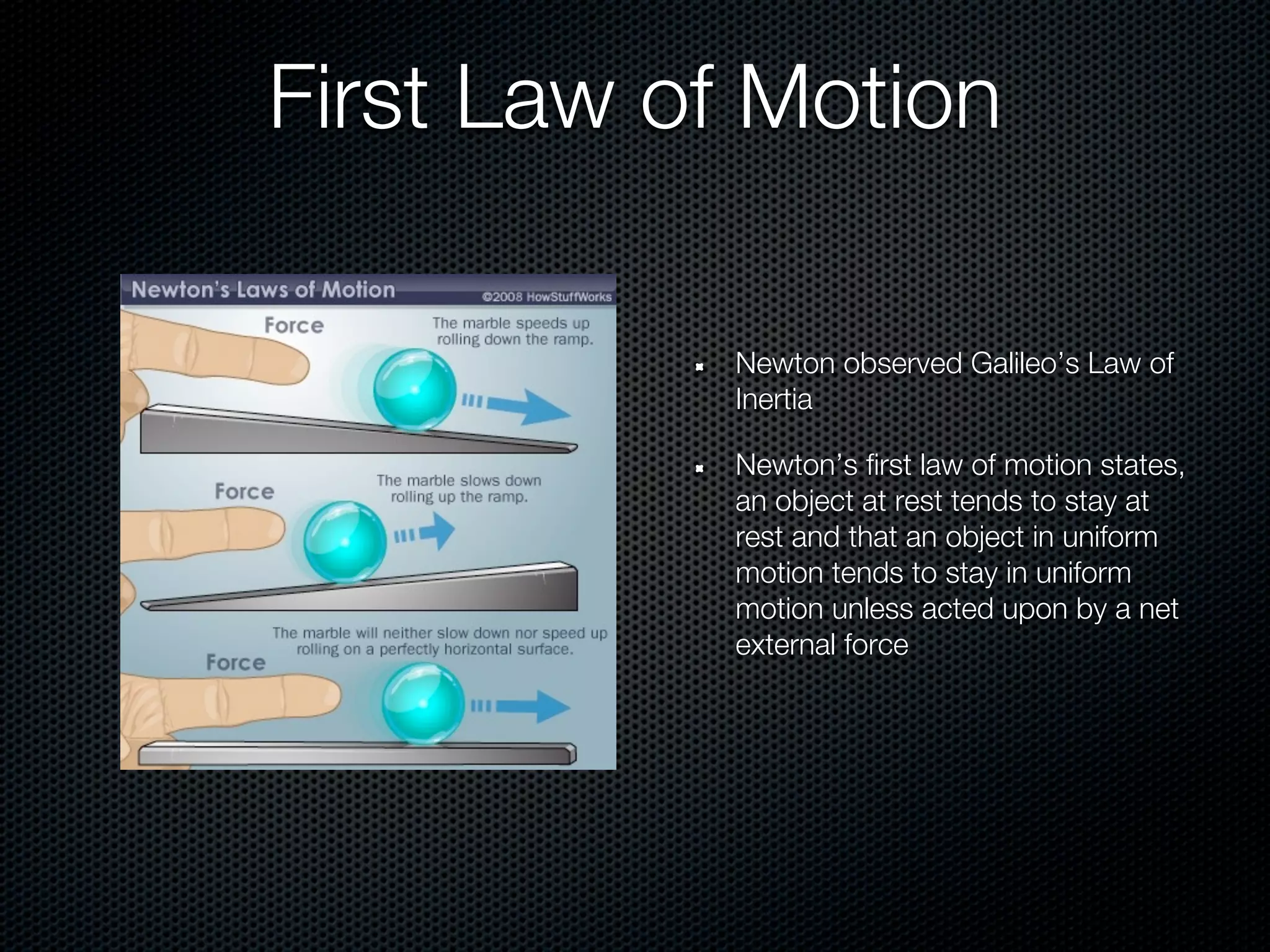 First Law of Motion

            Newton observed Galileo’s Law of
            Inertia

            Newton’s first law of motion states,
            an object at rest tends to stay at
            rest and that an object in uniform
            motion tends to stay in uniform
            motion unless acted upon by a net
            external force
 