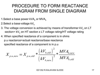 PROCEDURE TO FORM REACTANCE DIAGRAM FROM SINGLE DIAGRAM 1.Select a base power kVA b  or MVA b   2.Select a base   voltage kV b 3. The voltage conversion is achieved by means of transformer kV b  on LT section= kV b  on HT section x LT voltage rating/HT voltage rating 4. When specified reactance of a component is in ohms p.u reactance=actual reactance/base reactance specified reactance of a component is in p.u 